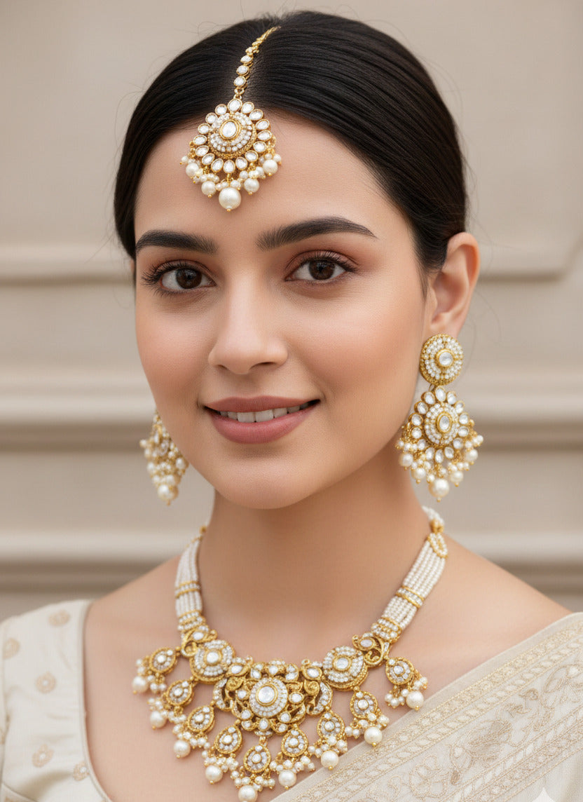 Kundan Pearl Maang Tikka & Earrings Set for Women