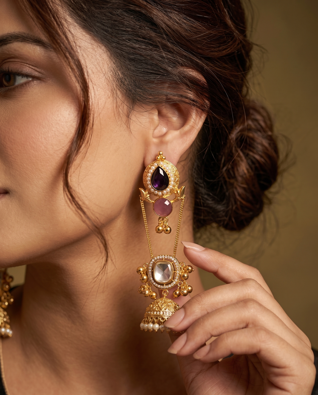 Women's Traditional Gold-Plated Jhumka Earrings with Pearl Beads, Black & Pink Stone Ethnic Dangler Earrings for Wedding, Party & Festive Wear