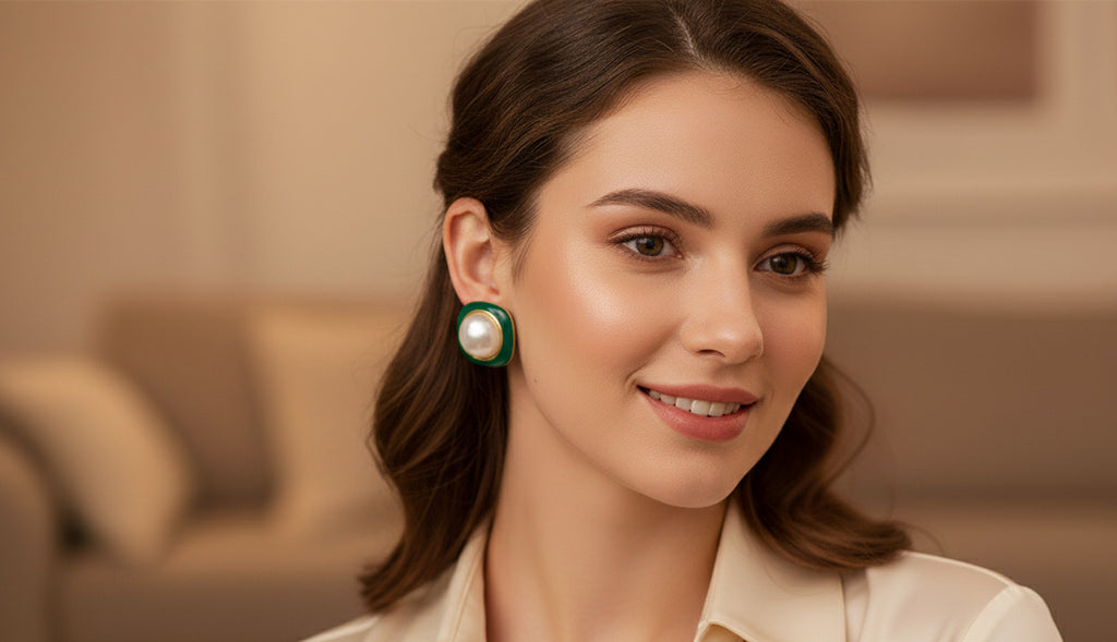 Green Enamel Pearl Stud Earrings for Women | Classic Round Imitation Pearl Earrings
