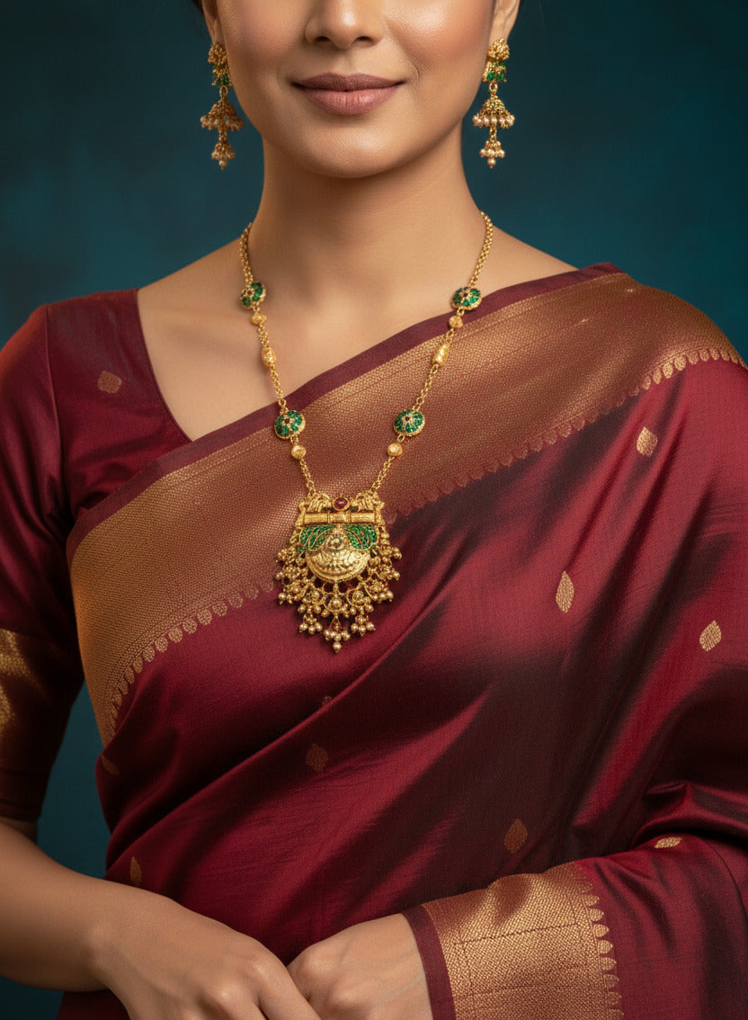 Traditional Gold-Plated Temple Jewellery Set for Women | Antique Necklace with Matching Earrings | Enamel Detailing & Kundan Stones | Wedding, Bridal & Festive Jewellery