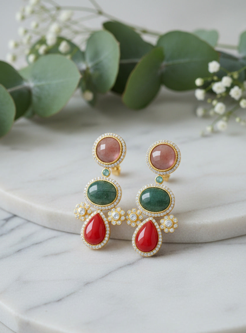Gold-Plated Multi-Stone Dangle Earrings with Red, Green & Pink Gemstones – Premium Designer Ethnic Drop Earrings for Women & Girls