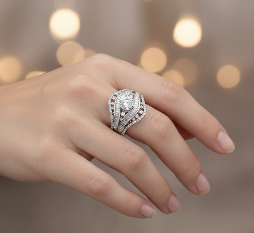 Luxury Silver-Tone Diamond Look Statement Ring for Women | Round Cut Center Stone | Baguette & Pave Setting | Bridal, Party & Wedding Jewellery