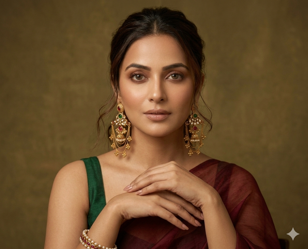 Traditional Gold-Plated Kundan Chandbali Earrings with Red & Green Stones, Pearl Jhumki and Layered Chain Dangler Earrings for Women & Girls
