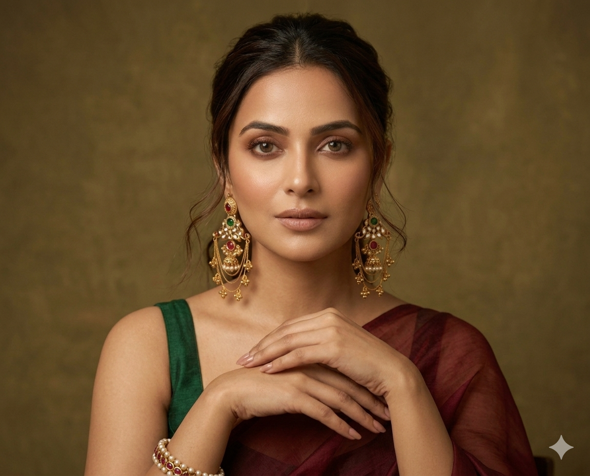 Traditional Gold-Plated Kundan Chandbali Earrings with Red & Green Stones, Pearl Jhumki and Layered Chain Dangler Earrings for Women & Girls