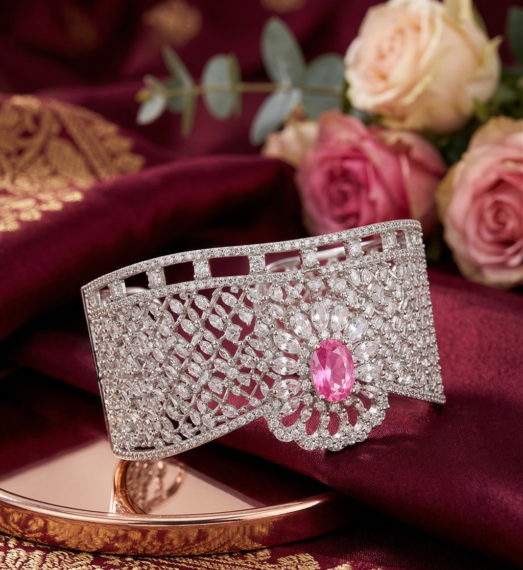 Elegant Silver-Plated Statement Cuff Bracelet with Pink Stone | Designer Floral Openwork Kada for Women | Party Wear, Wedding & Festive Jewelry