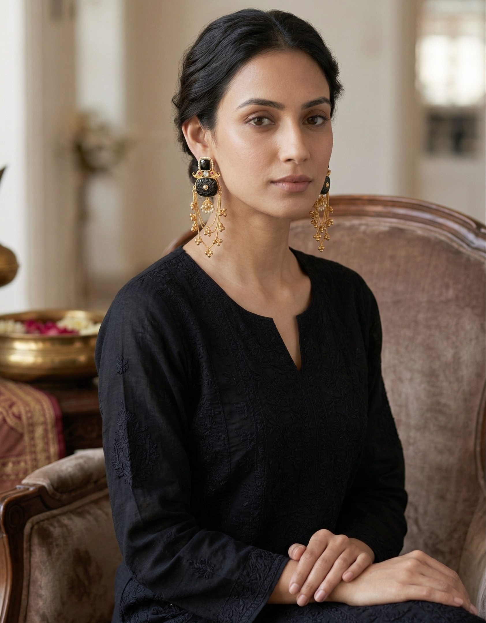 Gold Plated Black Stone Chandbali Earrings for Women | Traditional Ethnic Long Dangle Earrings with Beads | Wedding & Party Wear Jewellery