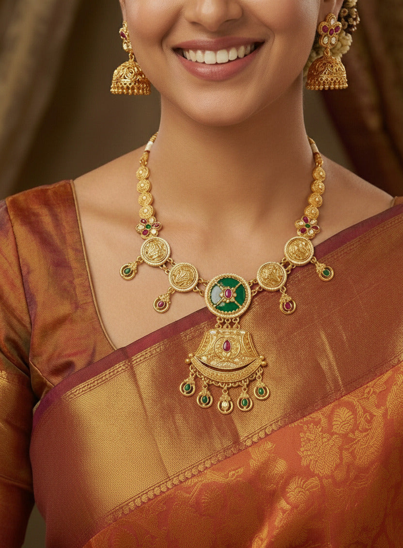 Traditional Gold-Plated Necklace Set for Women with Matching Jhumka Earrings | Temple Jewellery Design | Red & Green Stone Work | Wedding & Festive Wear
