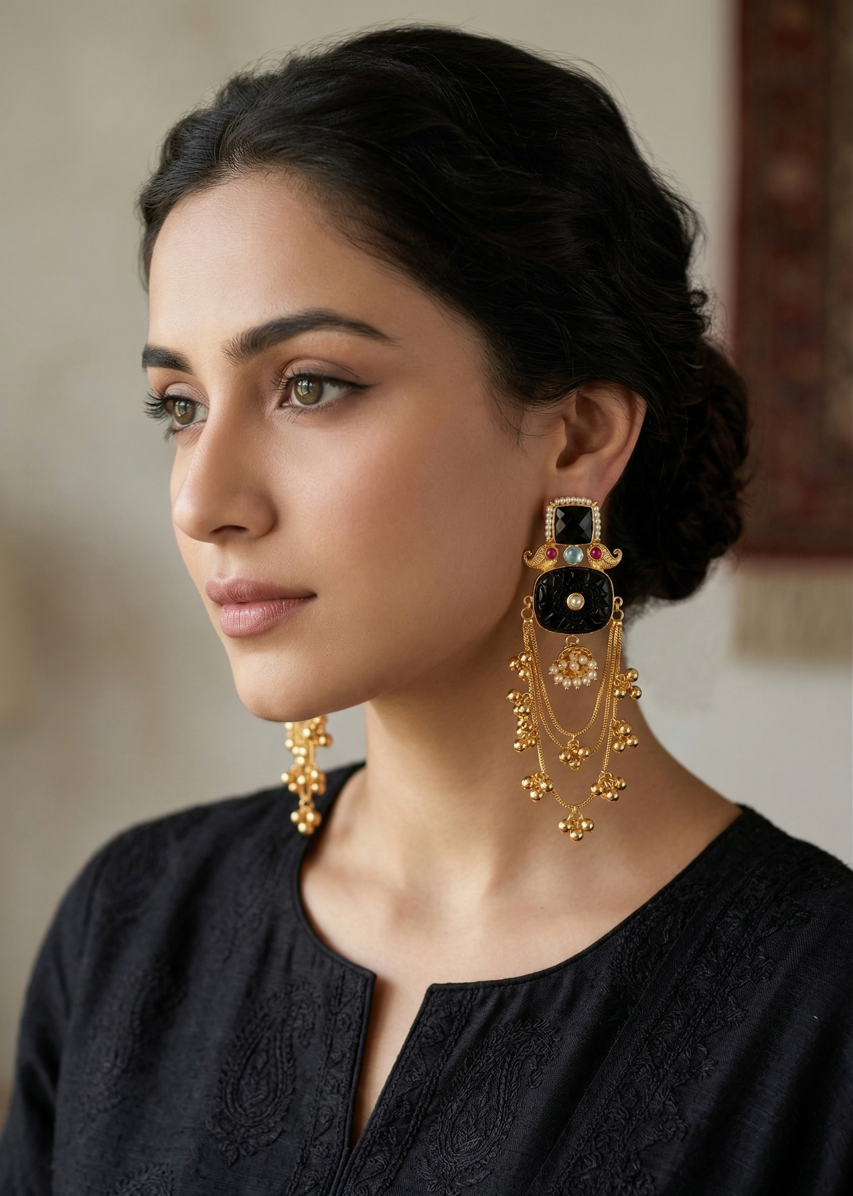 Gold Plated Black Stone Chandbali Earrings for Women | Traditional Ethnic Long Dangle Earrings with Beads | Wedding & Party Wear Jewellery