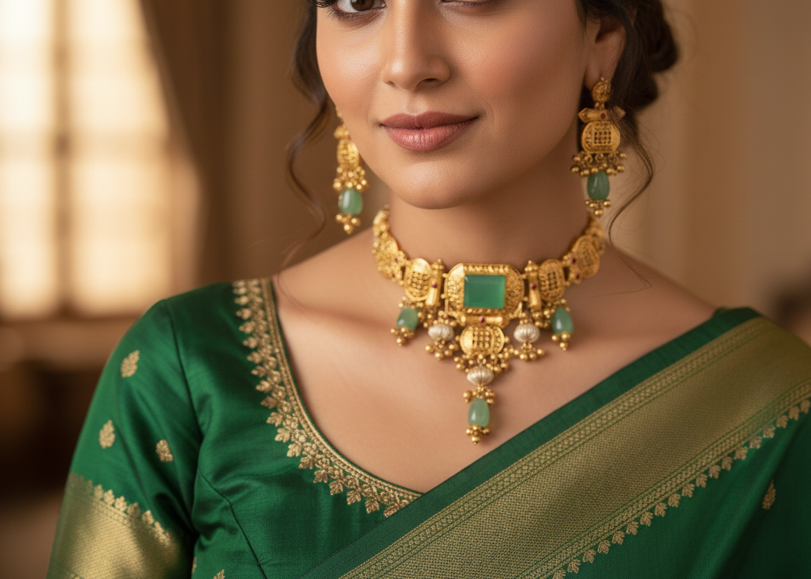 Traditional Gold-Tone Kundan Choker Necklace Set with Green Stone & Matching Earrings | Adjustable Thread Closure | Ethnic Indian Jewelry for Women