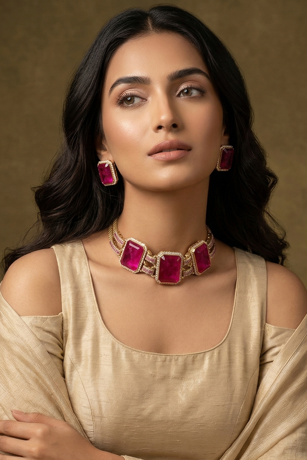 Luxury Gold-Plated Ruby Pink Statement Bracelet with Matching Stud Earrings Set for Women | Premium Party & Wedding Jewelry