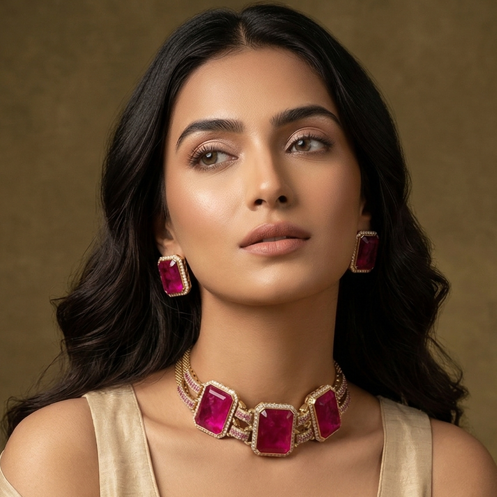 Luxury Gold-Plated Ruby Pink Statement Bracelet with Matching Stud Earrings Set for Women | Premium Party & Wedding Jewelry