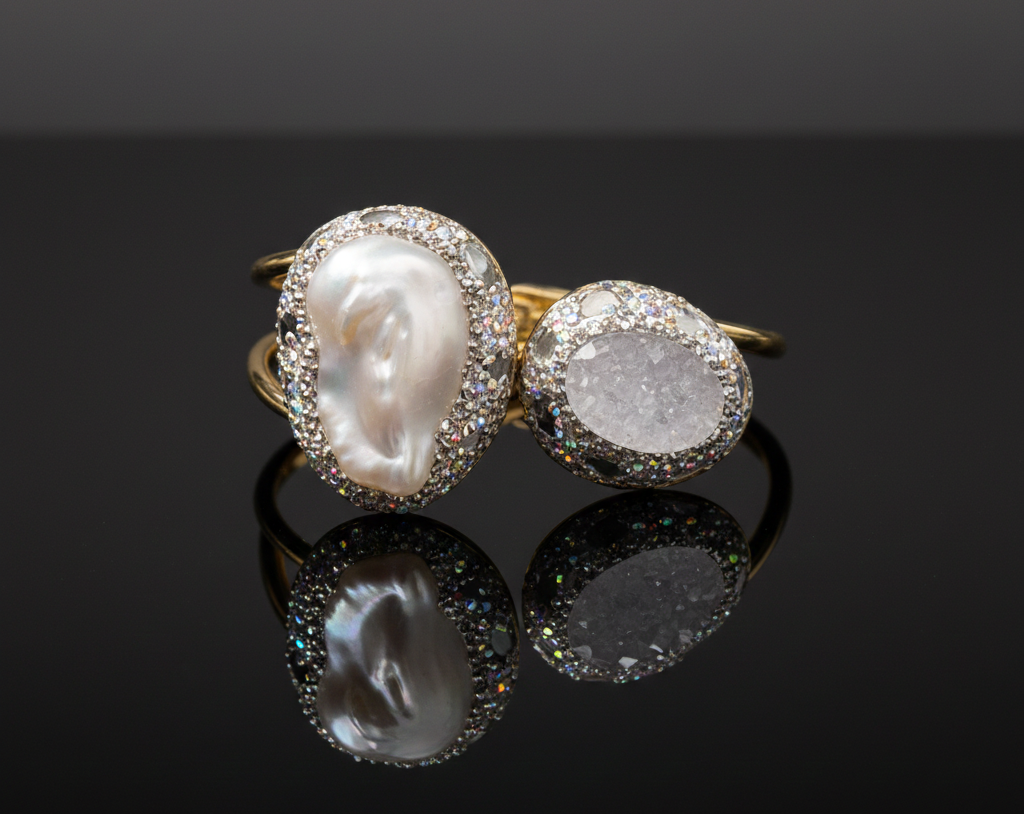 Gold Plated Open Cuff Bracelet with Baroque Pearl & Druzy Stone | Handcrafted Fashion Jewellery for Women