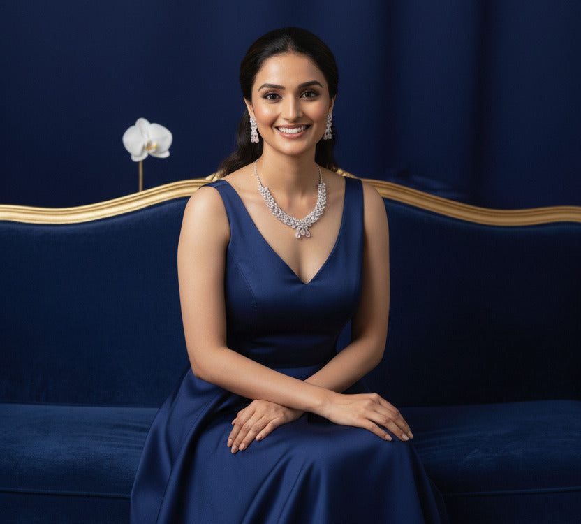 Veltreo International Elegant Rhodium Plated Necklace and Earring Set for Women & Girls | Premium American Diamond Jewellery with Pink Stone