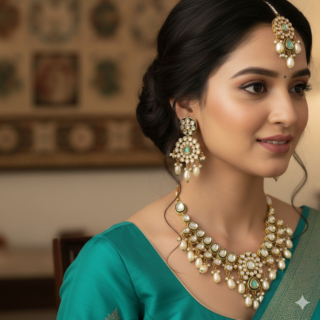 Kundan Pearl Necklace Set for Women – Gold-Plated Bridal Jewelry with Green Beads and White Stones | Indian Wedding Necklace with Earrings