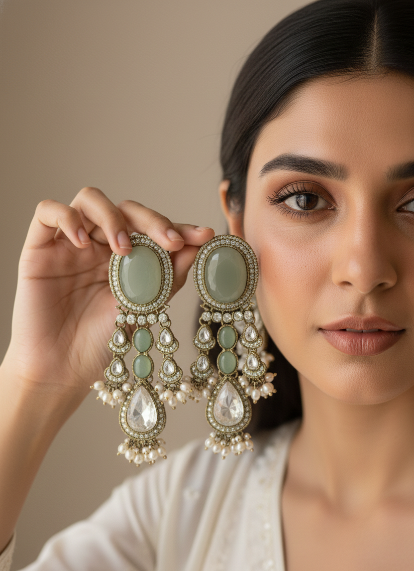 Pale Green Stone Chandelier Earrings for Women, Antique Finish Statement Earrings with Crystal & Pearl Detailing, Party & Wedding Jewelry