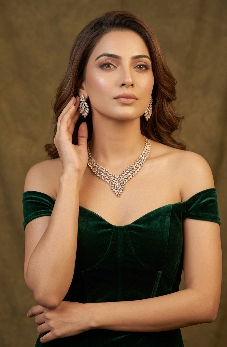 Gold Plated American Diamond Necklace Set for Women | Bridal Wedding Jewellery Set with Earrings | Party Wear Statement Necklace | Traditional & Modern Design