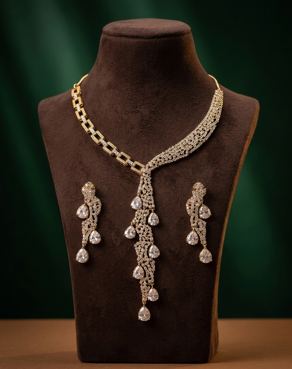 Gold Plated American Diamond Necklace Set for Women | Elegant CZ Stone Jewelry Set with Earrings | Bridal, Wedding & Party Wear Necklace Set