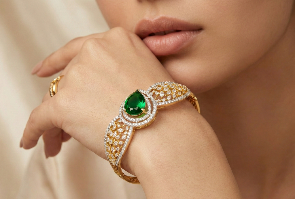 Gold Plated Pink Stone & CZ Diamond Studded Designer Kada Bracelet for Women | Premium Bridal & Wedding Jewellery | Traditional Statement Bracelet