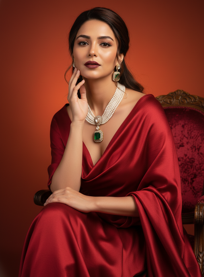 Multi-Layer Pearl Choker Necklace Set with Green Stone Pendant and Matching Earrings | Traditional Wedding & Party Jewelry for Women