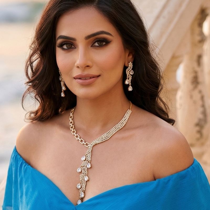 Gold Plated American Diamond Necklace Set for Women | Elegant CZ Stone Jewelry Set with Earrings | Bridal, Wedding & Party Wear Necklace Set