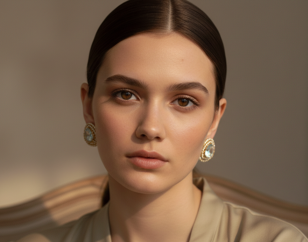 Gold-Plated Teardrop Stud Earrings with Light Blue Stone | Crystal-Embedded Designer Fashion Jewellery for Women