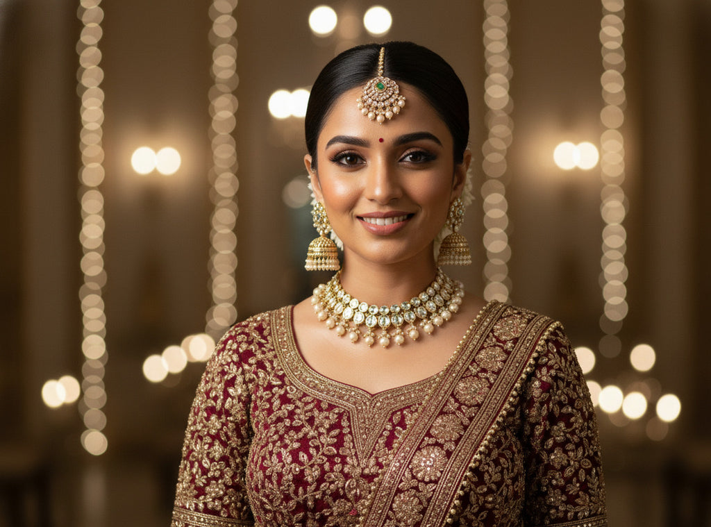 Traditional Indian Kundan & Pearl Choker Necklace Set with Jhumka Earrings and Maang Tikka | Bridal Wedding Jewelry for Women