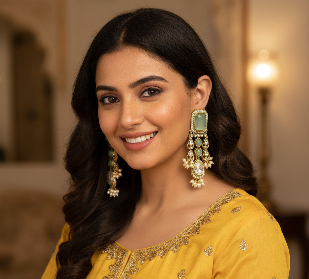 Kundan and Beaded Drop with Pearls & Green Stones Earrings