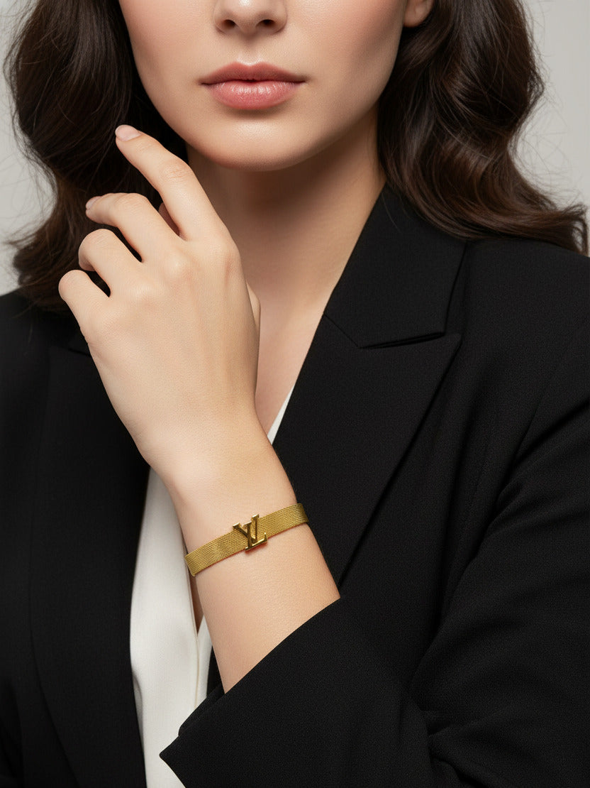 Mesh Bracelet with V Initial Charm | Stainless Steel Gold Plated Wrist Band for  Women