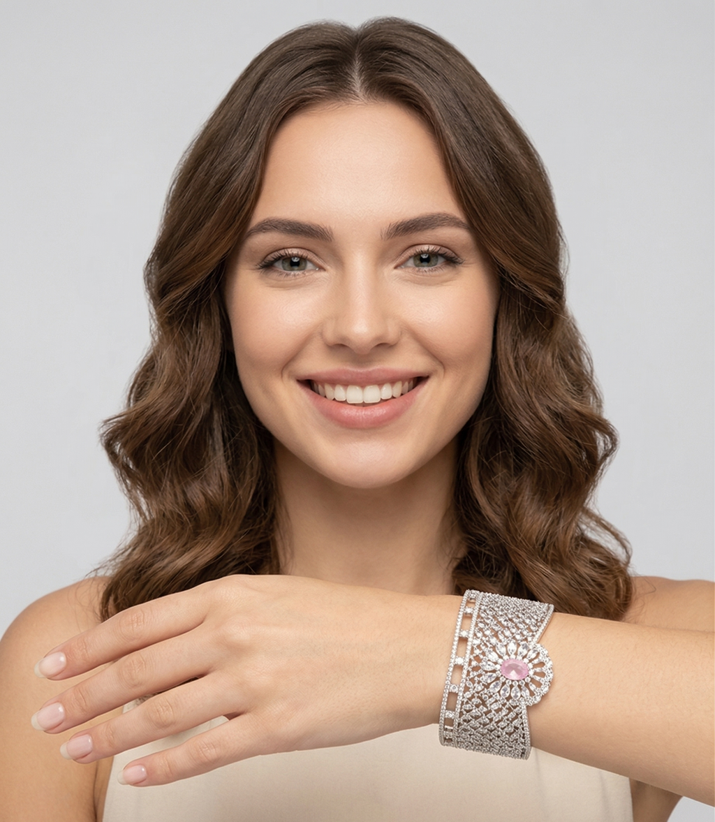 Elegant Silver-Plated Statement Cuff Bracelet with Pink Stone | Designer Floral Openwork Kada for Women | Party Wear, Wedding & Festive Jewelry