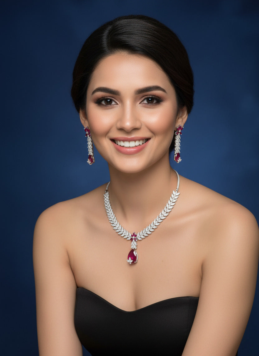 Silver-Plated Necklace and Earrings Set with Ruby Red Stones & CZ Diamonds – Bridal Jewelry Set for Weddings, Parties & Festive Occasions