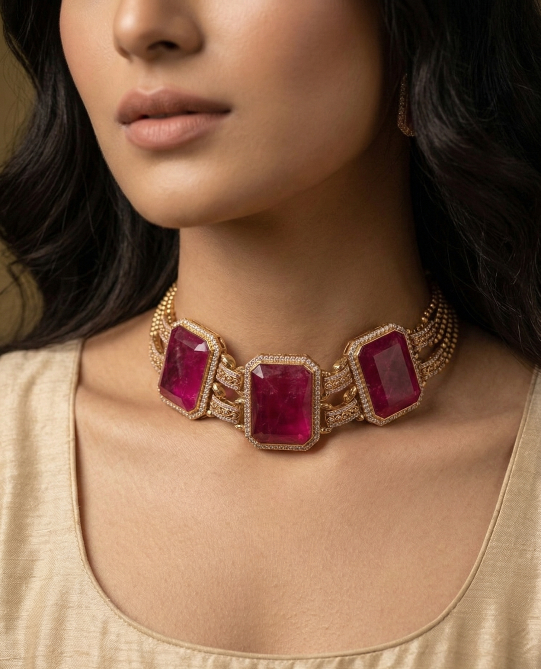 Luxury Gold-Plated Ruby Pink Statement Bracelet with Matching Stud Earrings Set for Women | Premium Party & Wedding Jewelry