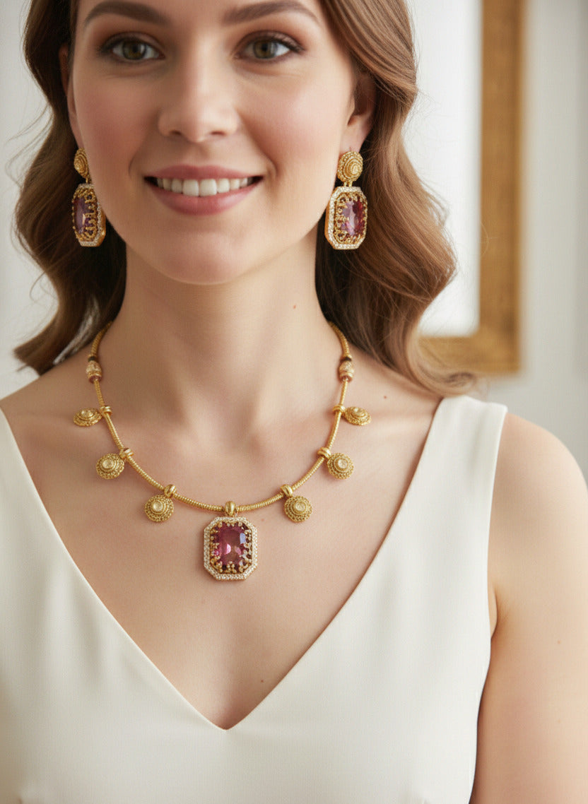 raditional Gold-Plated Maroon/Green Enamel Necklace Set for Women | Designer Pendant Necklace with Matching Earrings | Festive & Wedding Jewellery Set