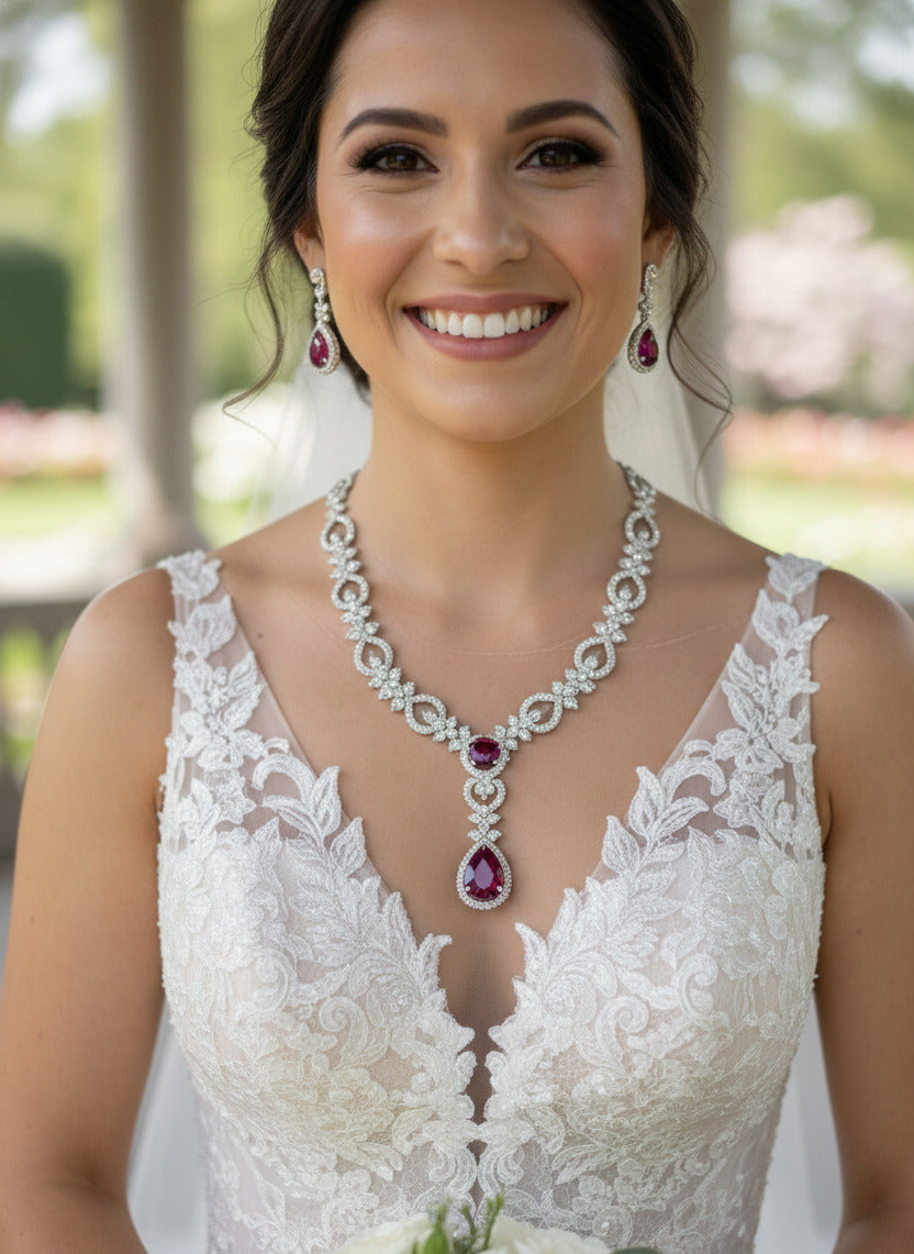 Women's Silver Plated Ruby Red Stone Necklace and Earring Set – Bridal Wedding Jewellery Set with CZ Diamonds, Lightweight Party Wear Necklace for Women & Girls