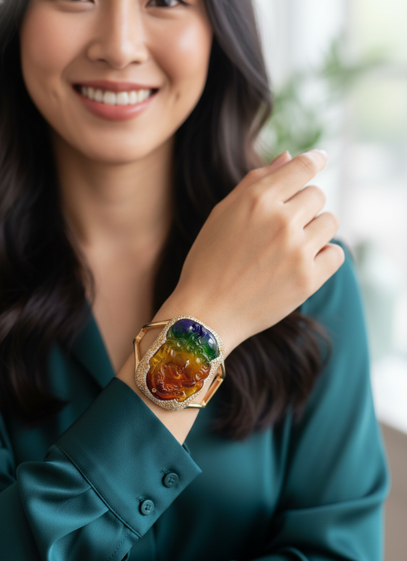 Gold Plated Multicolour Stone Adjustable Statement Bracelet for Women | Designer Cocktail Ring | Party & Festive Wear