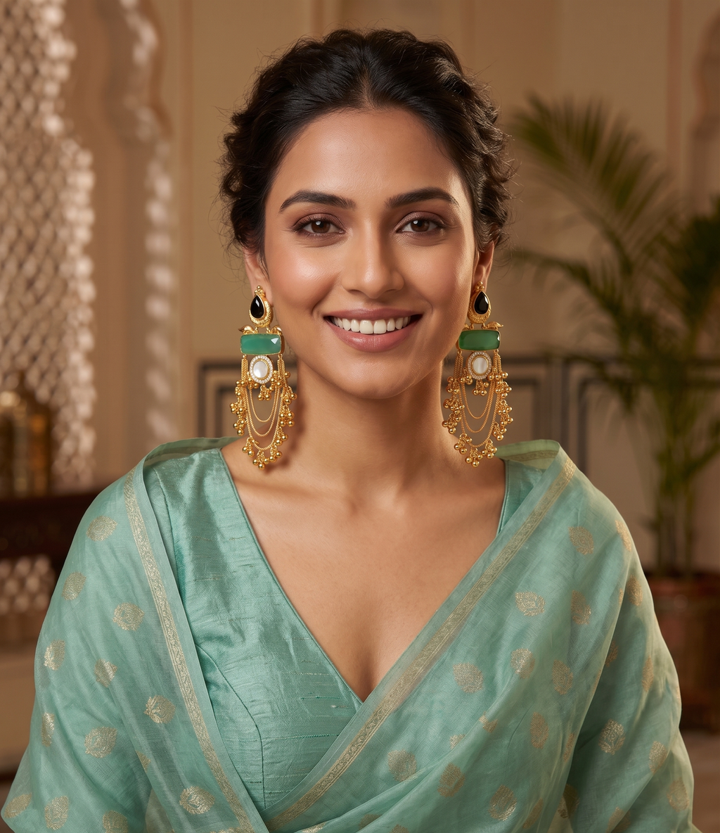 Elegant Gold-Plated Chandbali Tassel Earrings for Women | Green Stone & Black Teardrop Statement Earrings | Ethnic Party Wedding Jewelry