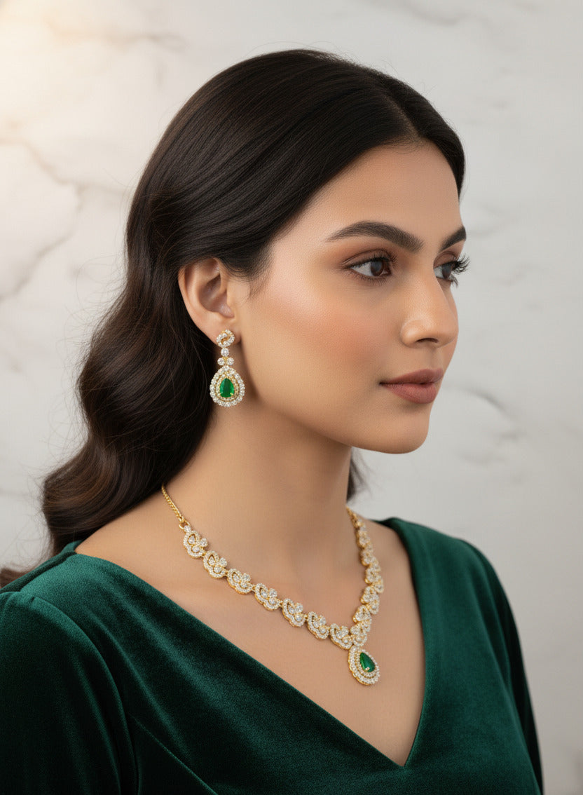 Necklace and Earring Set for Women | Green Stone & CZ Diamond Design | Traditional Wedding & Party Jewelry Set