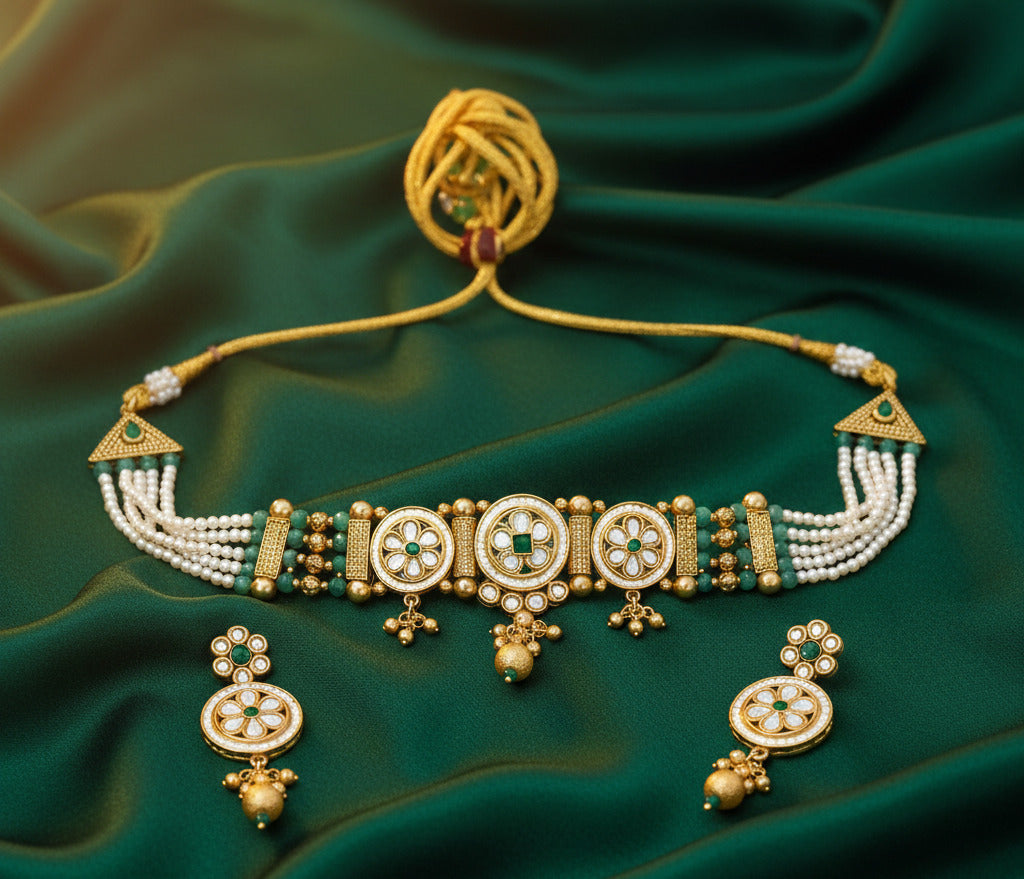 Traditional Gold-Plated Kundan Choker Necklace Set for Women with Earrings | Green & White Beaded Bridal Jewellery | Ethnic Wedding & Festive Wear