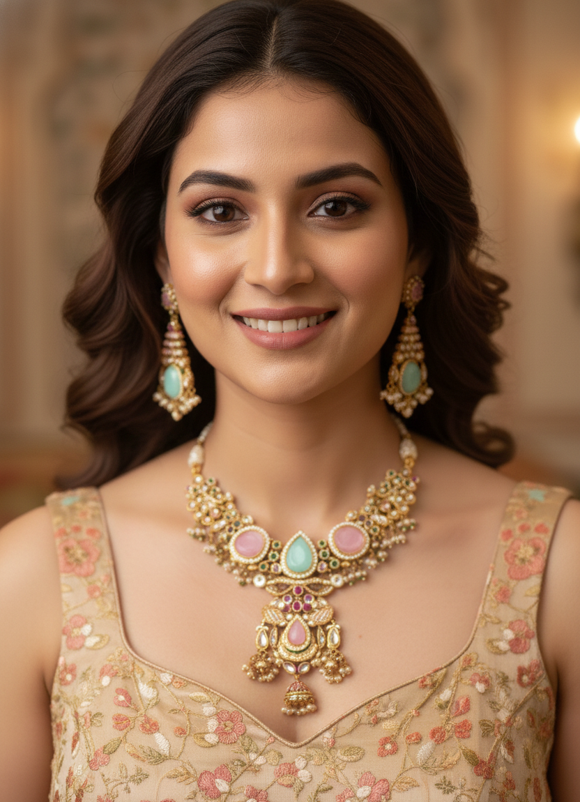 Traditional Gold-Tone Kundan Necklace Set with Pastel Stones & Pearl Drop Earrings for Women