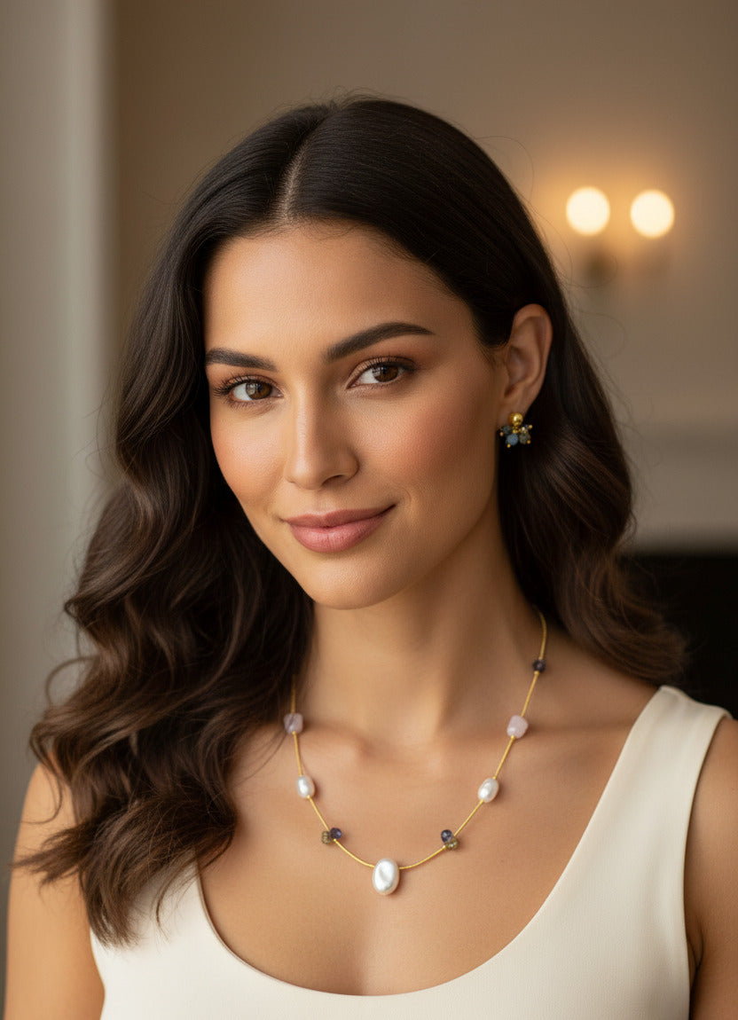 Necklace and Earrings Set for Women with Pearls & Multi-Color Stones