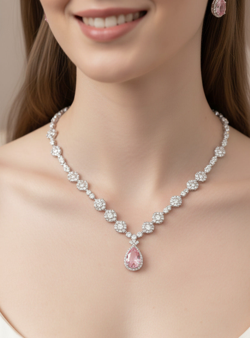 Elegant Silver-Plated Necklace & Earring Set with Pink Teardrop Stones for Women – Bridal, Party & Festive Jewellery Set