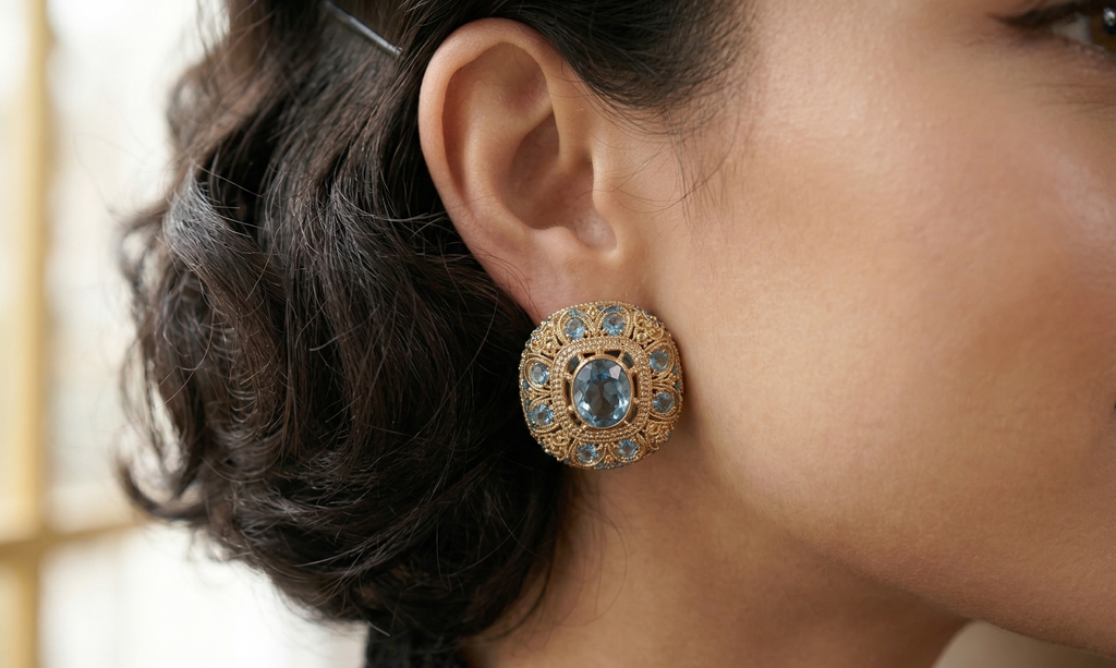 Vintage Blue Stone Stud Earrings for Women | Gold-Tone Crystal Embedded Statement Earrings | Party Wear & Wedding Jewellery