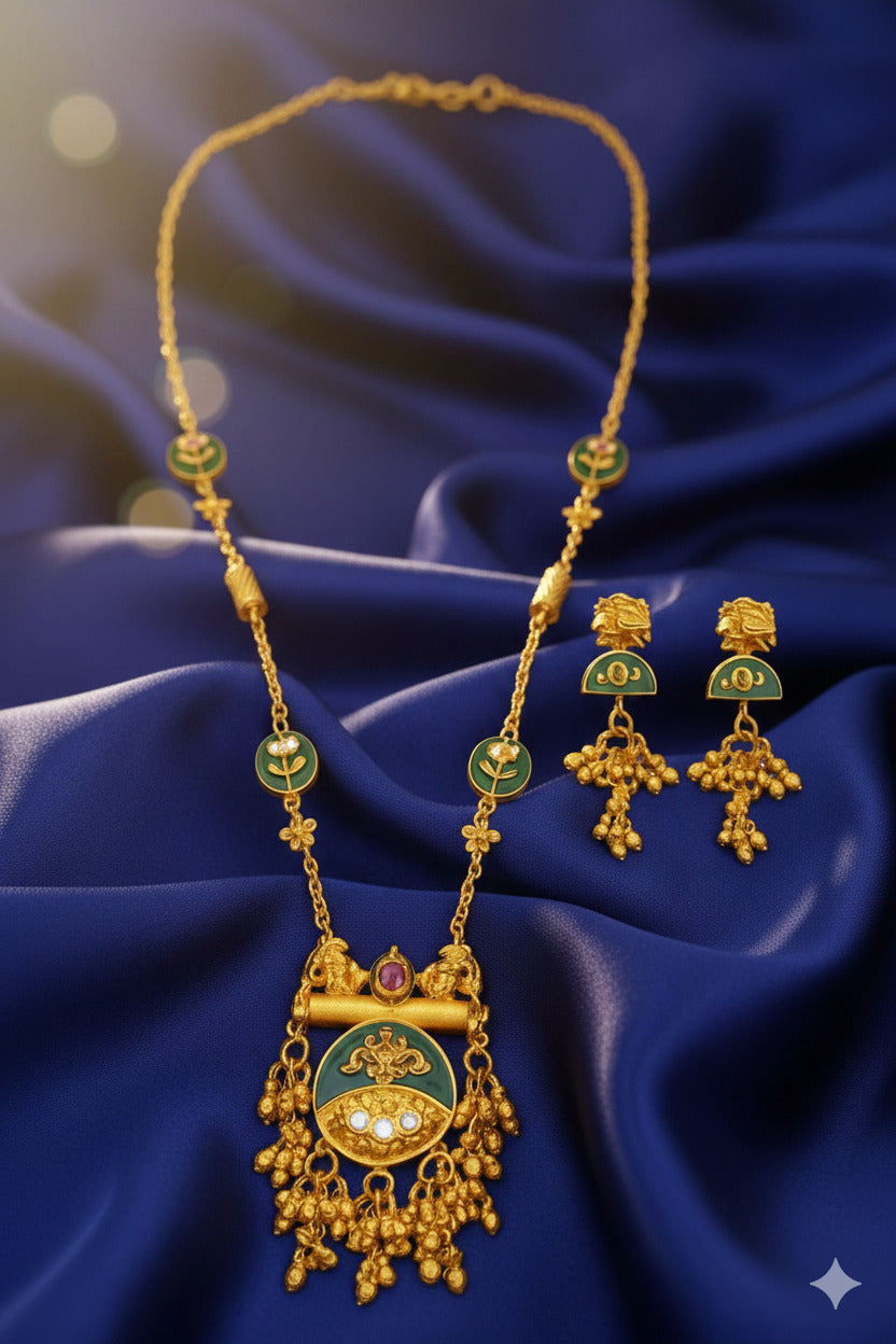 Traditional Gold-Plated Temple Jewellery Set for Women | Antique Necklace with Matching Earrings | Enamel Detailing & Kundan Stones | Wedding, Bridal & Festive Jewellery