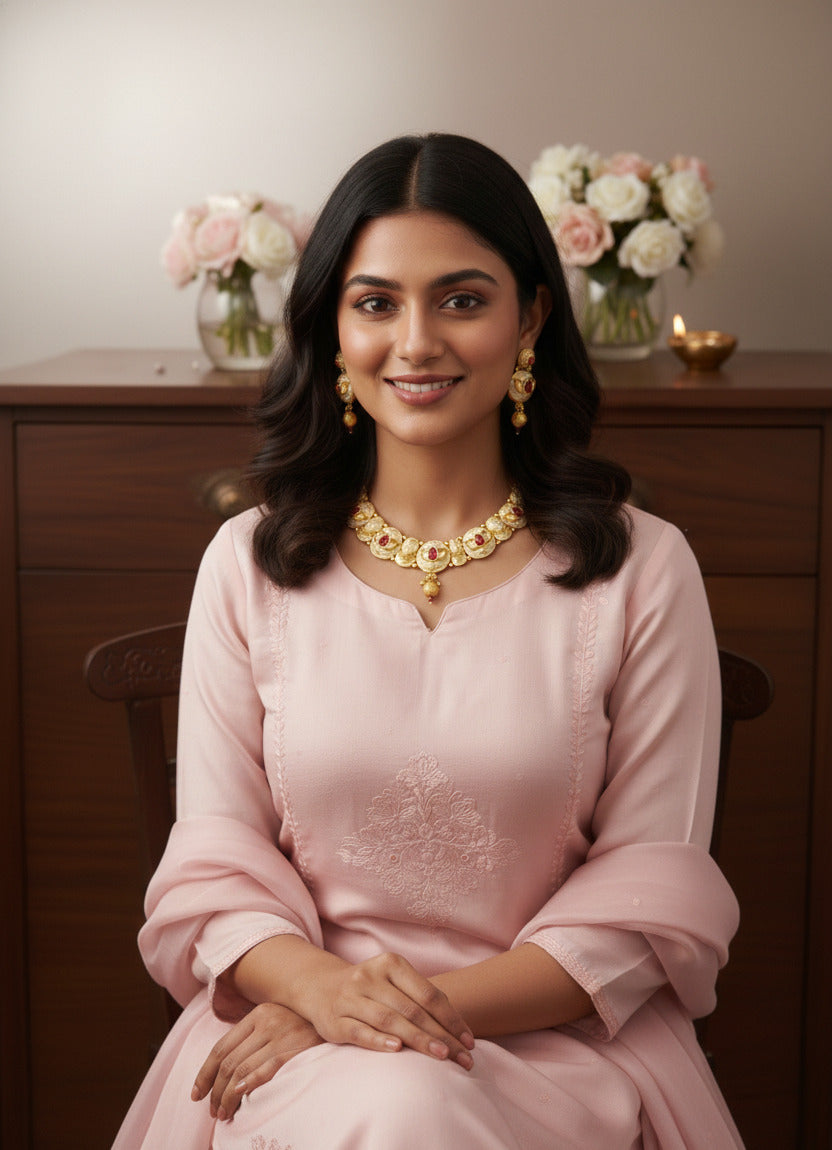 Traditional Gold-Plated Kundan Necklace Set for Women with Matching Earrings | Enamel Work & Ruby-Coloured Stones | Bridal & Festive Jewellery