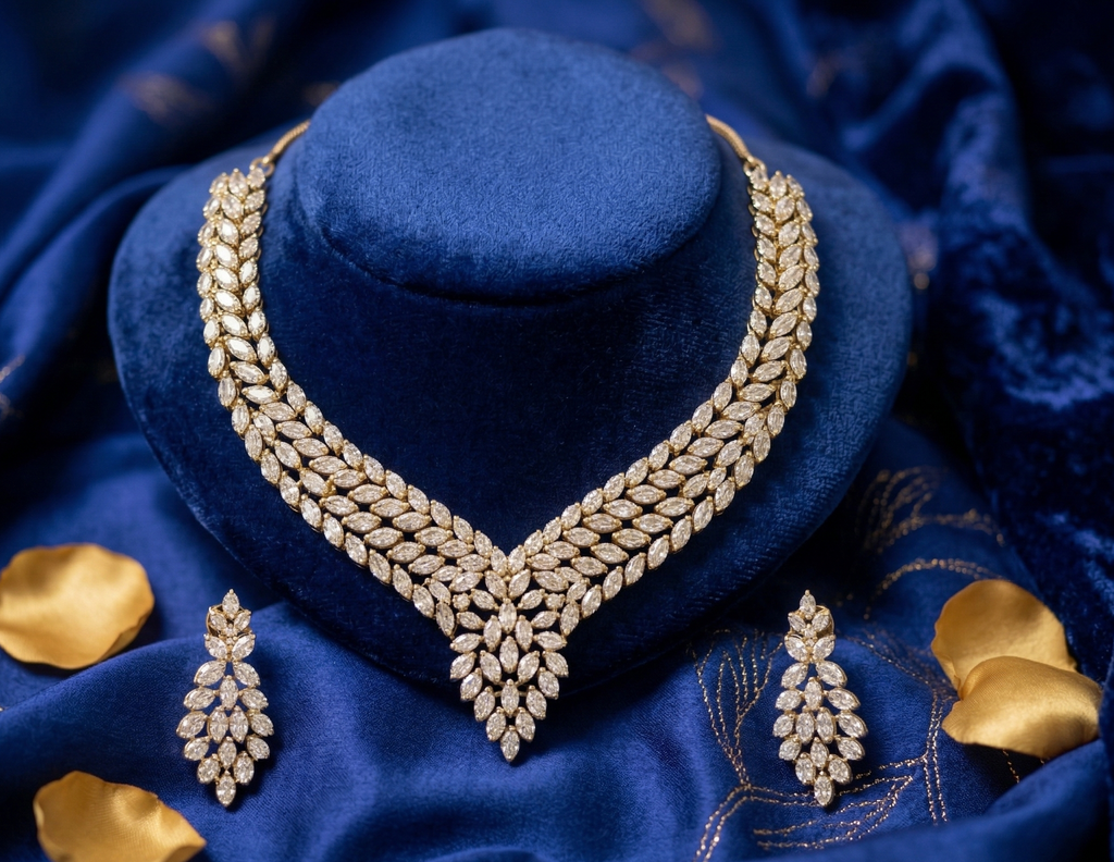 Gold Plated American Diamond Necklace Set for Women | Bridal Wedding Jewellery Set with Earrings | Party Wear Statement Necklace | Traditional & Modern Design