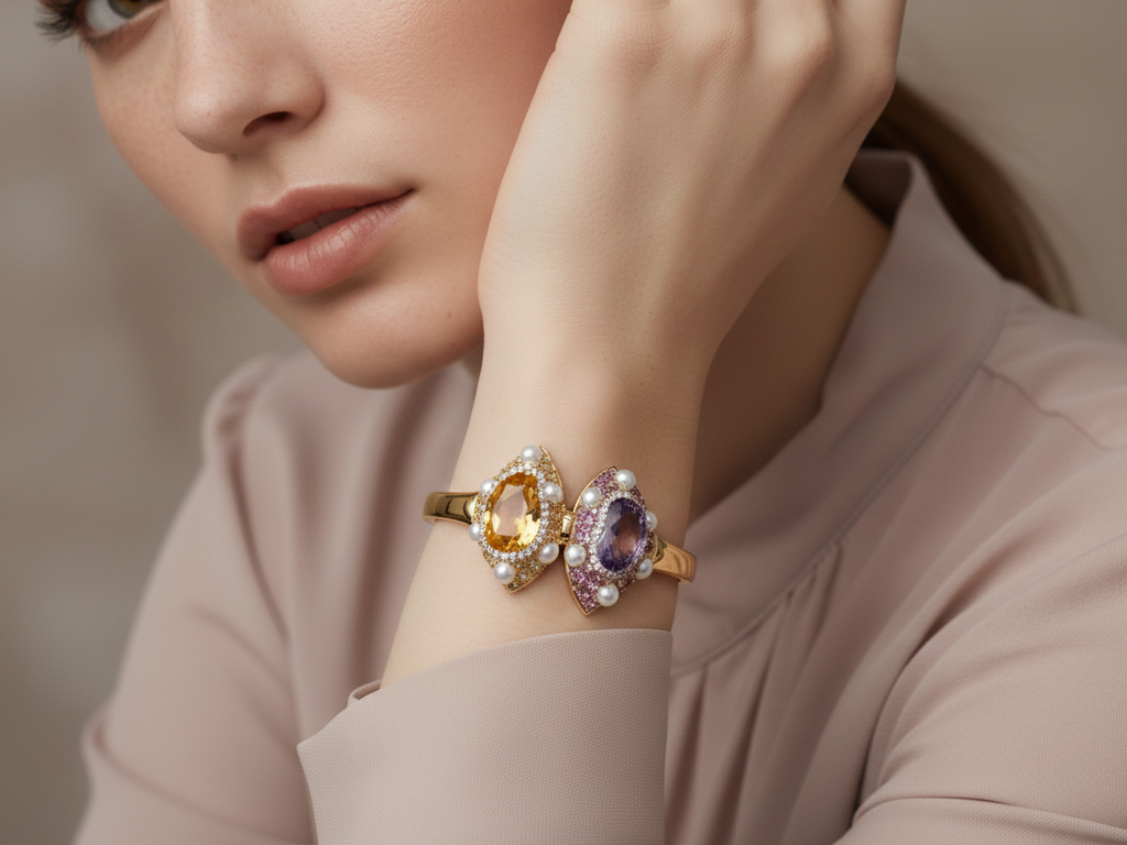 Dual Stone Adjustable Fashion Bracelet with Pearl Accents | Gold-Plated Statement Ring for Women
