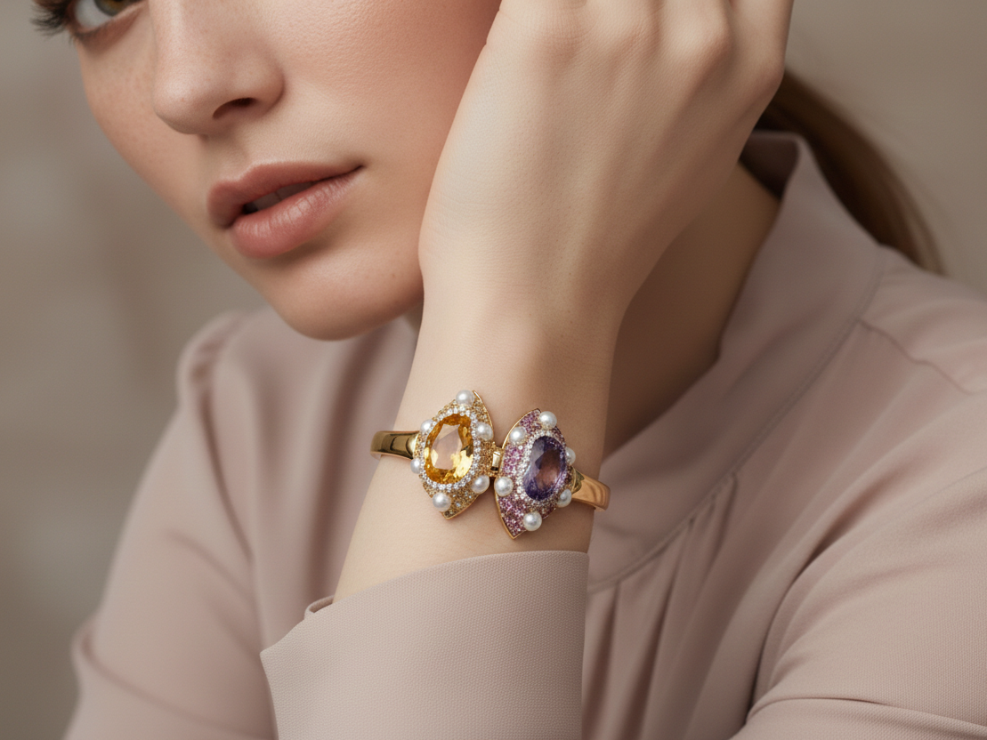 Dual Stone Adjustable Fashion Bracelet with Pearl Accents | Gold-Plated Statement Ring for Women