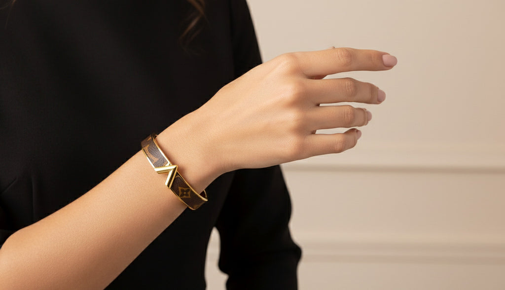 Luxury Designer V Monogram Tone Metal with Brown Leather Bracelet for Women