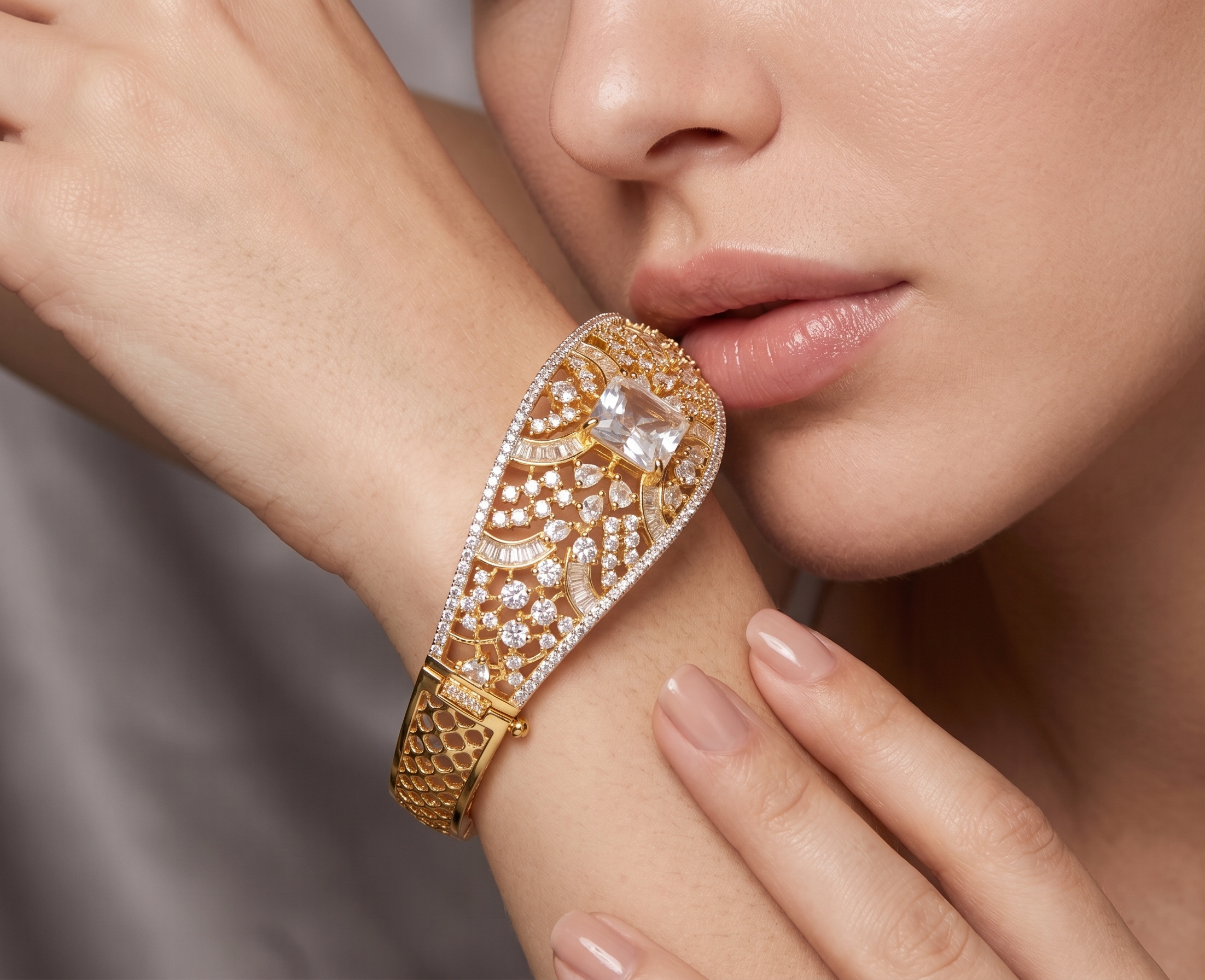 Luxury Gold-Plated American Diamond Kada Bracelet for Women | Designer Statement Bangle with Center Stone | Bridal & Party Wear Jewellery