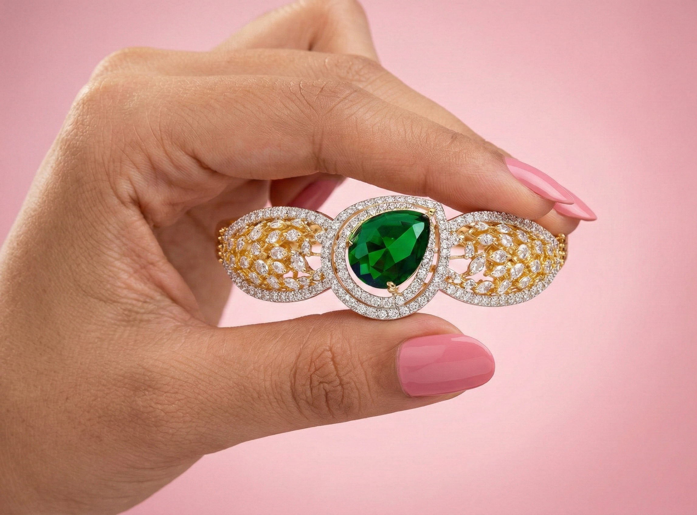 Gold Plated Pink Stone & CZ Diamond Studded Designer Kada Bracelet for Women | Premium Bridal & Wedding Jewellery | Traditional Statement Bracelet