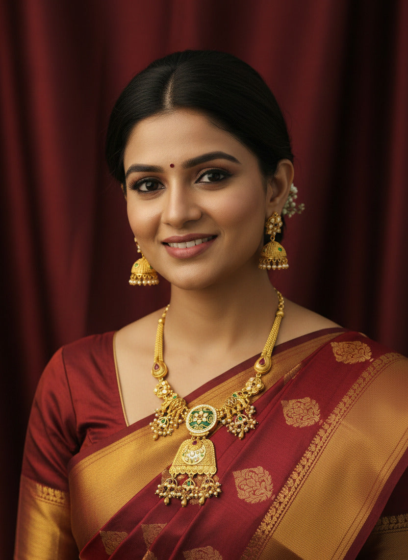 Traditional Gold-Plated Kundan & Meenakari Bridal Necklace Set for Women | Temple Jewellery with Earrings | Indian Wedding Jewellery Set